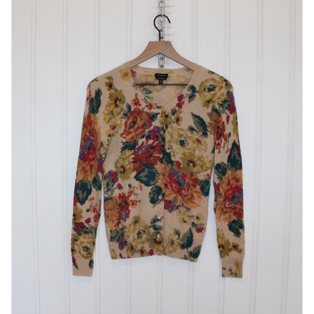 Talbots 100% Cashmere Floral Cardigan Sweater Womens XS Button Front Soft Luxury